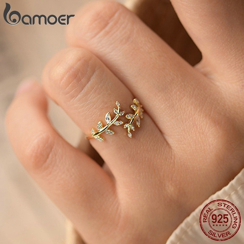 Bamoer Anel Aberto Feminino De Prata 925 Com Folhas Delicadas Para Mulheres/Meninas