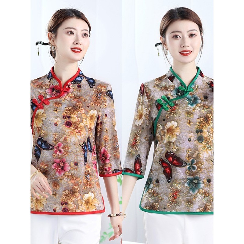 Roupas da mãe roupas femininas idosas de meia-idade mais magro olhar flor cor roupas da mãe melhorada Cheongsam camiseta