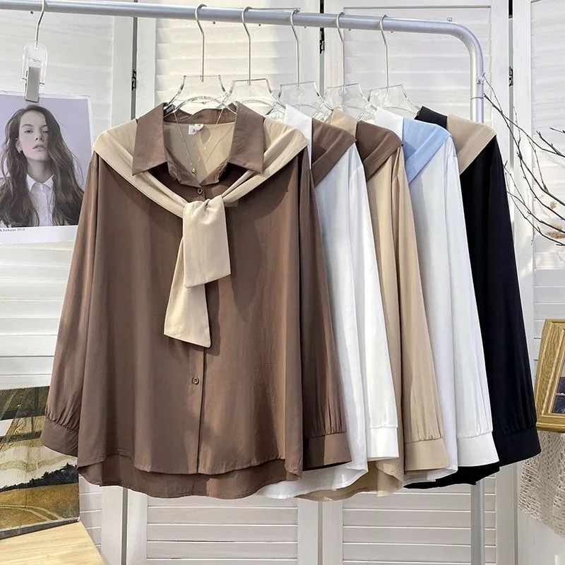 Primavera outono coreano elegante costura xale falso de duas peças camisa de manga comprida Design feminino nicho camisa