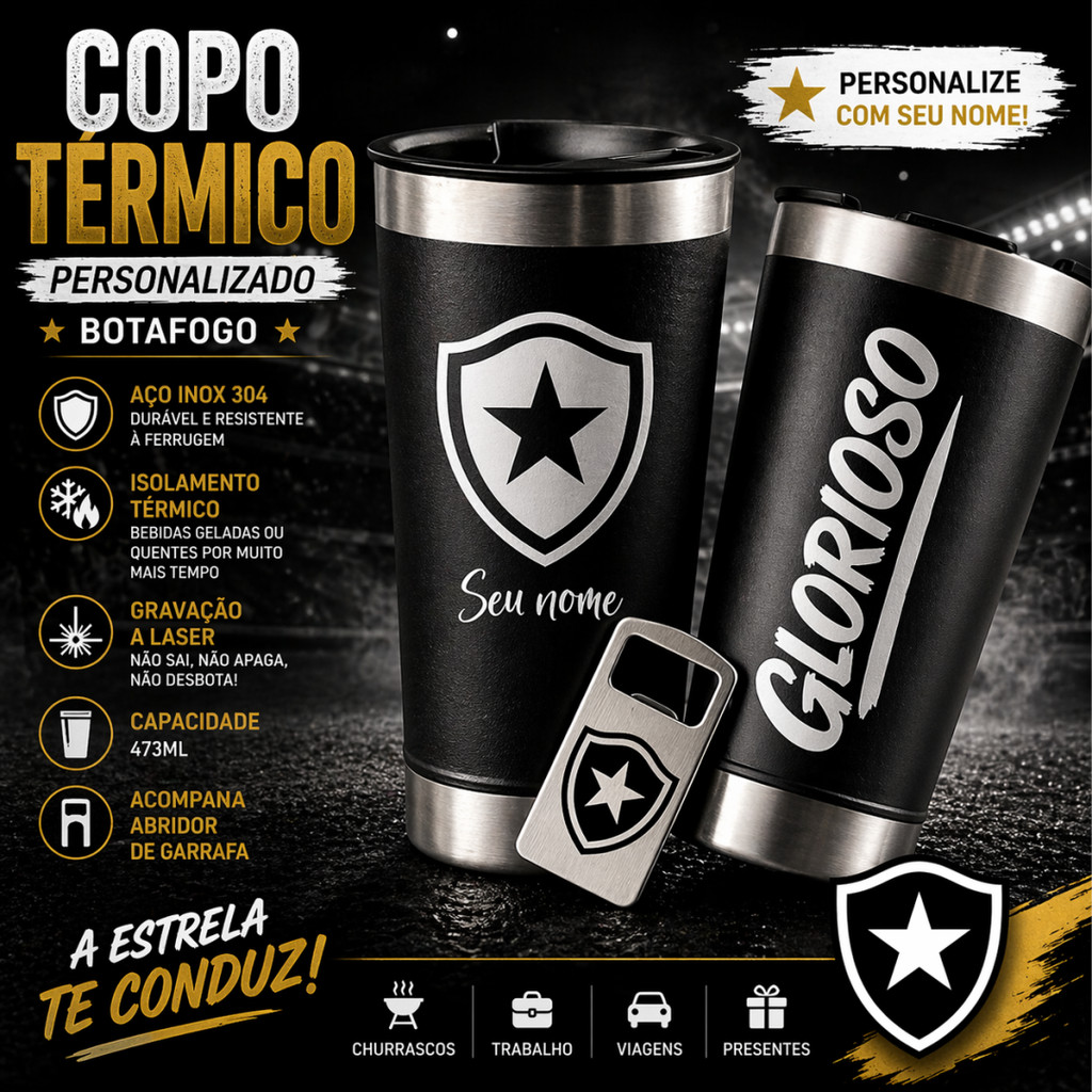 Copo Termico Cerveja Do BOTAFOGO, Peixão Presente Ideal Personalizado Com Nome, Tampa e Abridor, Varios times Presente