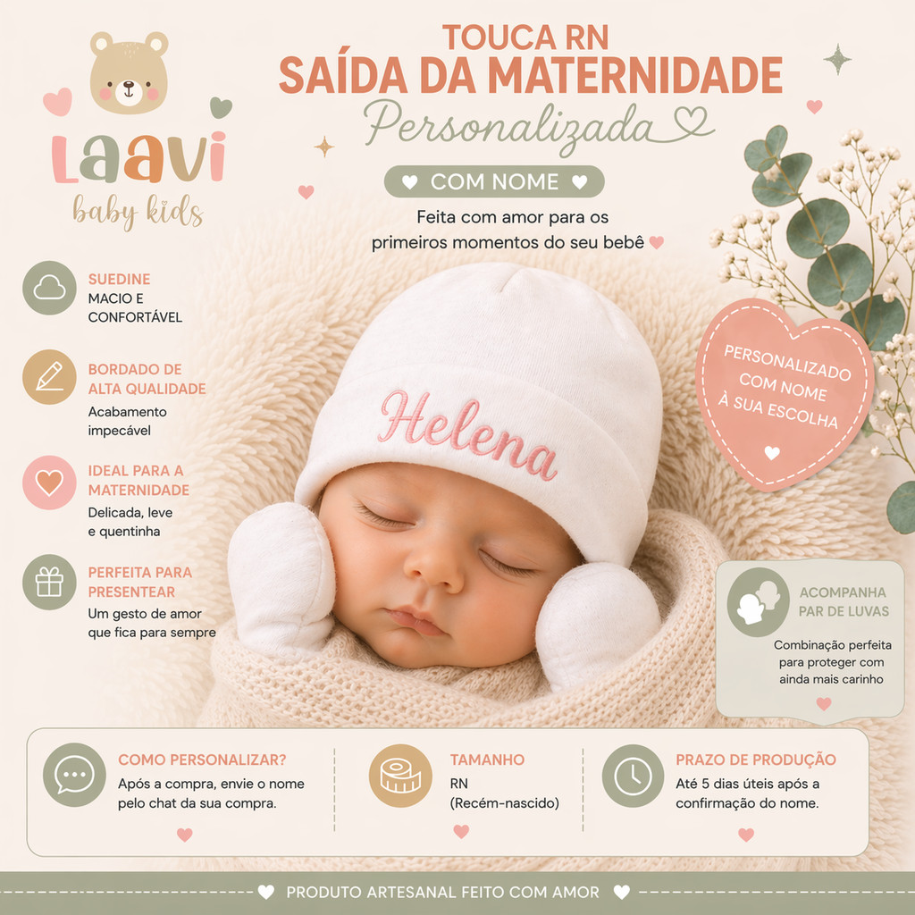 Touca RN e Par de Luvas para Saída Maternidade Personalizada com Nome Feito em Suedine 100% Algodão