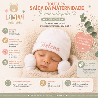 Touca RN e Par de Luvas para Saída Maternidade Personalizada com Nome Feito em Suedine 100% Algodão