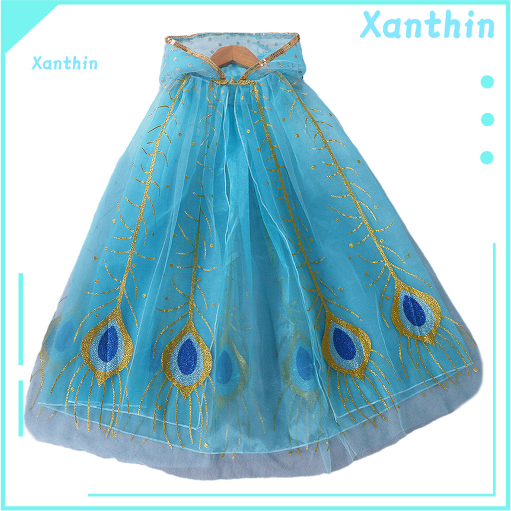 Peacock Feather Cape Girls Princess Hooded Cloak with Star Snowflakes Sheer Ruffle Tulle Kids Cosplay Dress Up Shawl for