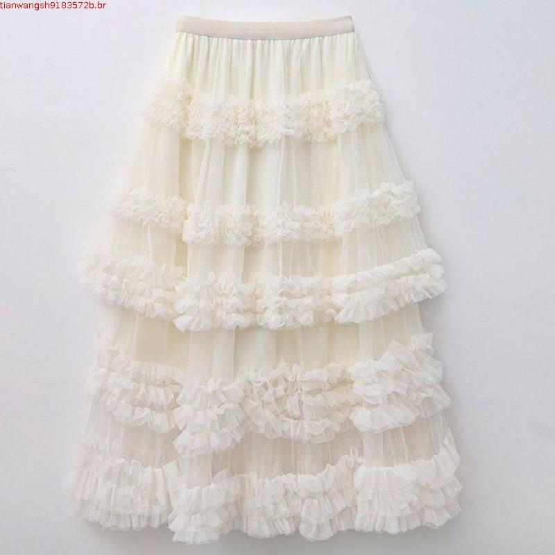 Saia De Cintura Média De Tule Feminina , Alta Em Camadas , Maxi Linha A , Babado , Malha Fada , Longo , Fluido , Tutu P
