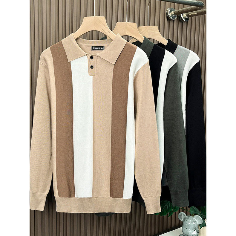 Contraste cor listrado lapela camisa POLO masculina fino-ajuste camisola de malha moda interior Wear na moda outono inve