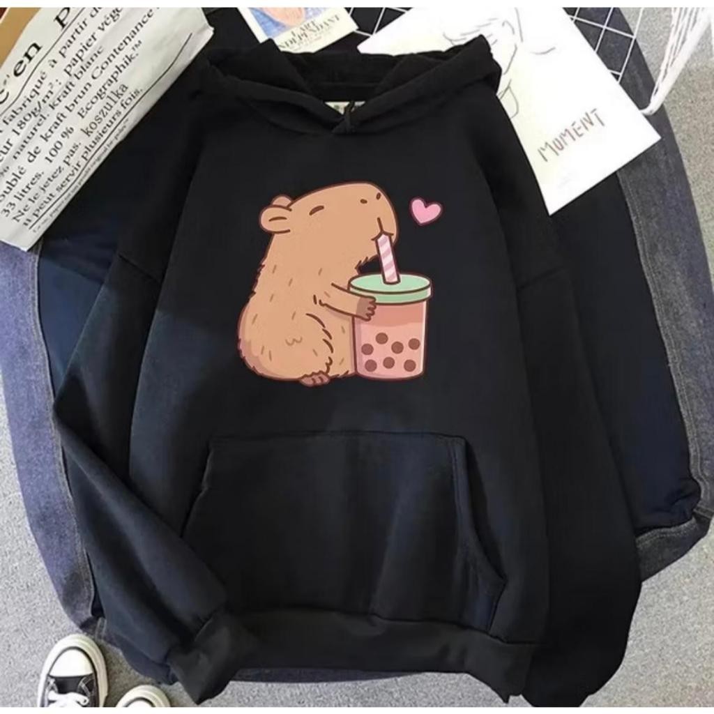 Moletom Feminino Canguru Estampa Capivara Milk Fofa Com Capuz Flanelado Unissex Infantil