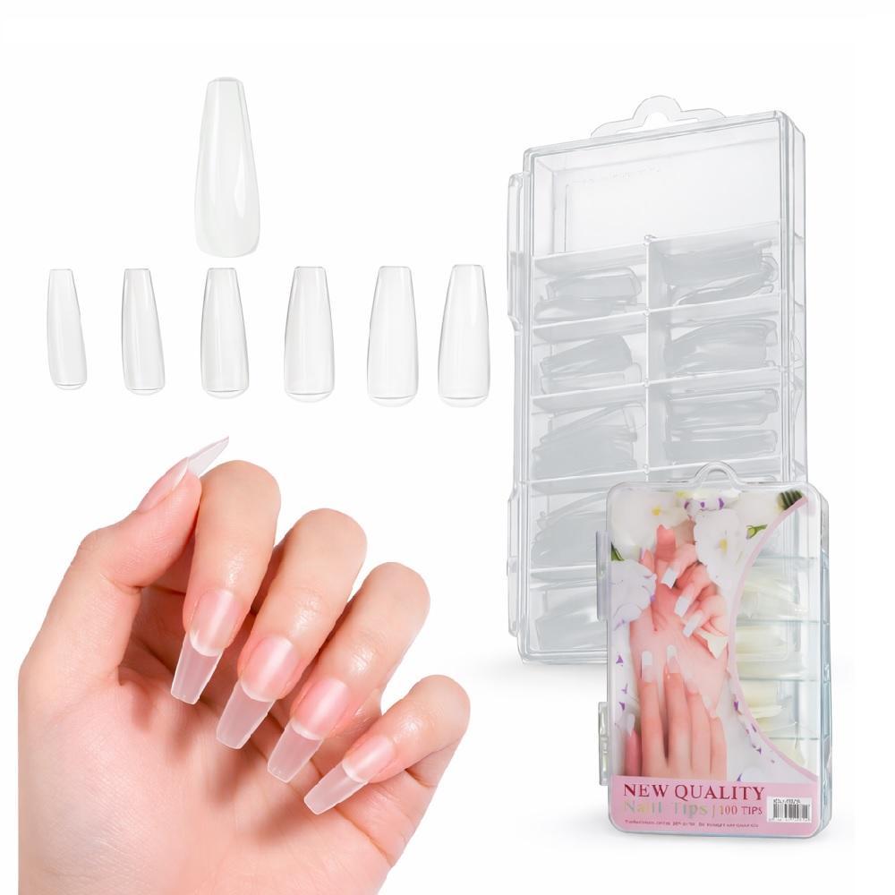 KIT UNHAS POSTICAS 100 TIPS TRANSPARENTE CURVATURA C ALONGAMENTO GEL ACRILICO PORCELANA MANICURE MALETA ORGANIZADORA