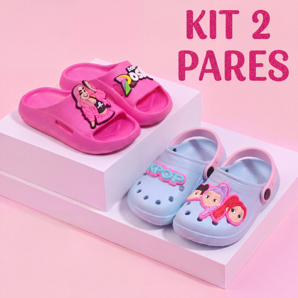 Kit 2 Pares Menina Chinelo Elementos dos Rosa e Sandália Guerreiras Confortável