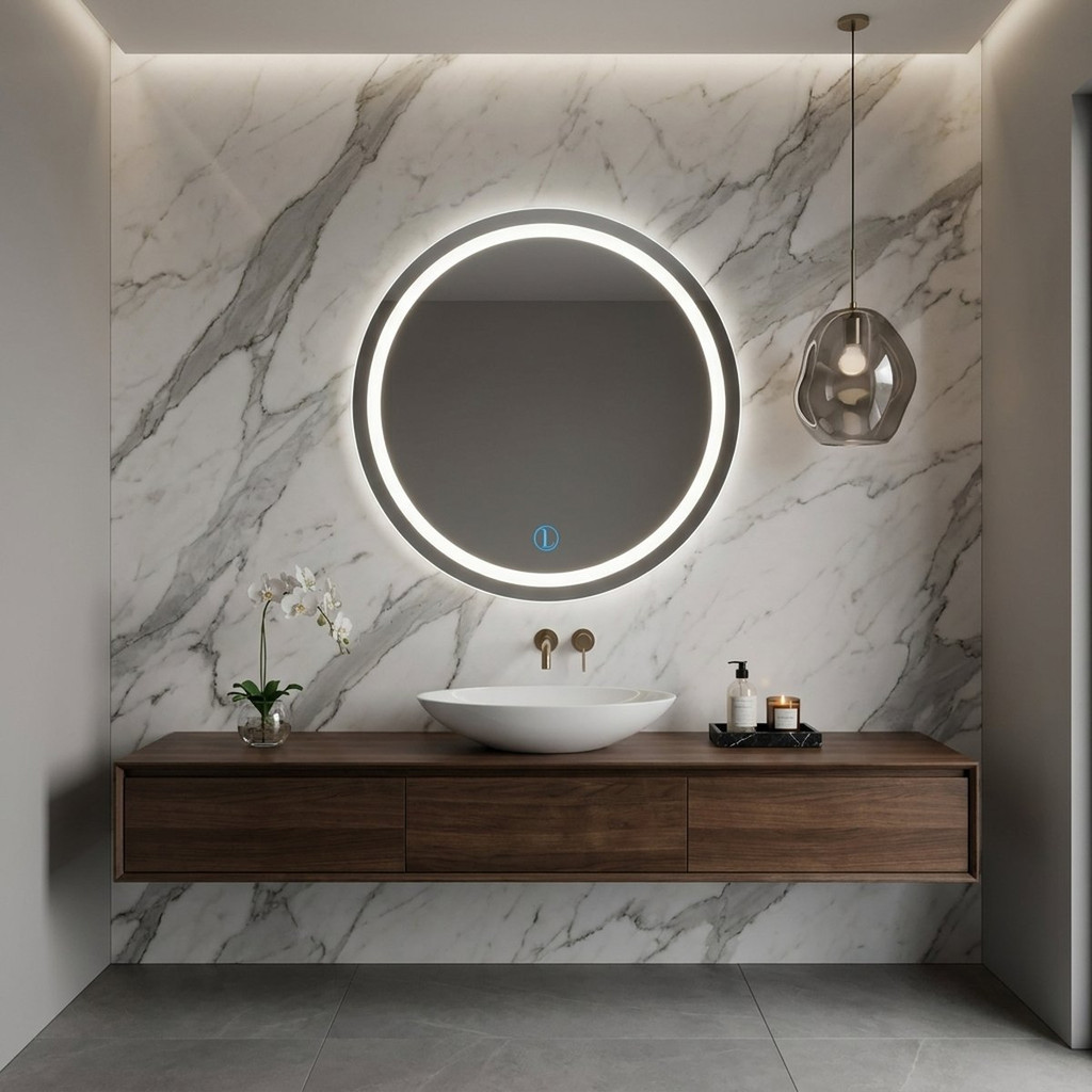 Espelho Lopazzi Redondo c/ Led Jateado 3tons 60x60 Polido P/Quarto, Estudio de Maquiagem, Lavabo e Banheiro
