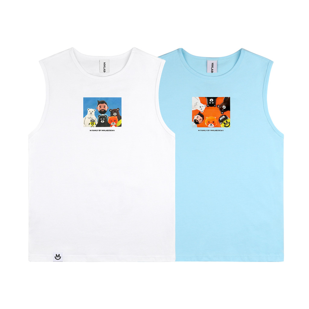 MMLABCREW Verão Novo Estilo Família Retrato Impresso Branco Luz Azul Puro Algodão Esportes Lazer Fitness Impresso Colete