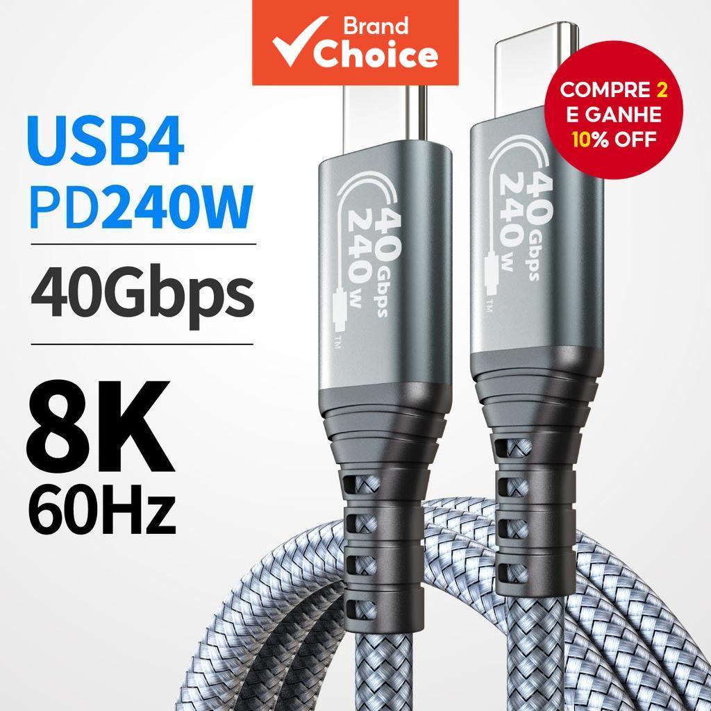 Cabo USB4 240W 40Gbps Tipo C Completo | Carregamento Ultrarrápido | Display 8K | Para Thunderbolt 4/3, iPhone 17/16/15,