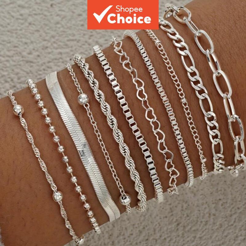 Prata 11 Peças Conjunto De Pulseira Coração Oco Pingentes Redonda Corrente De Metal Geométrica Exclusiva Para Mulheres C