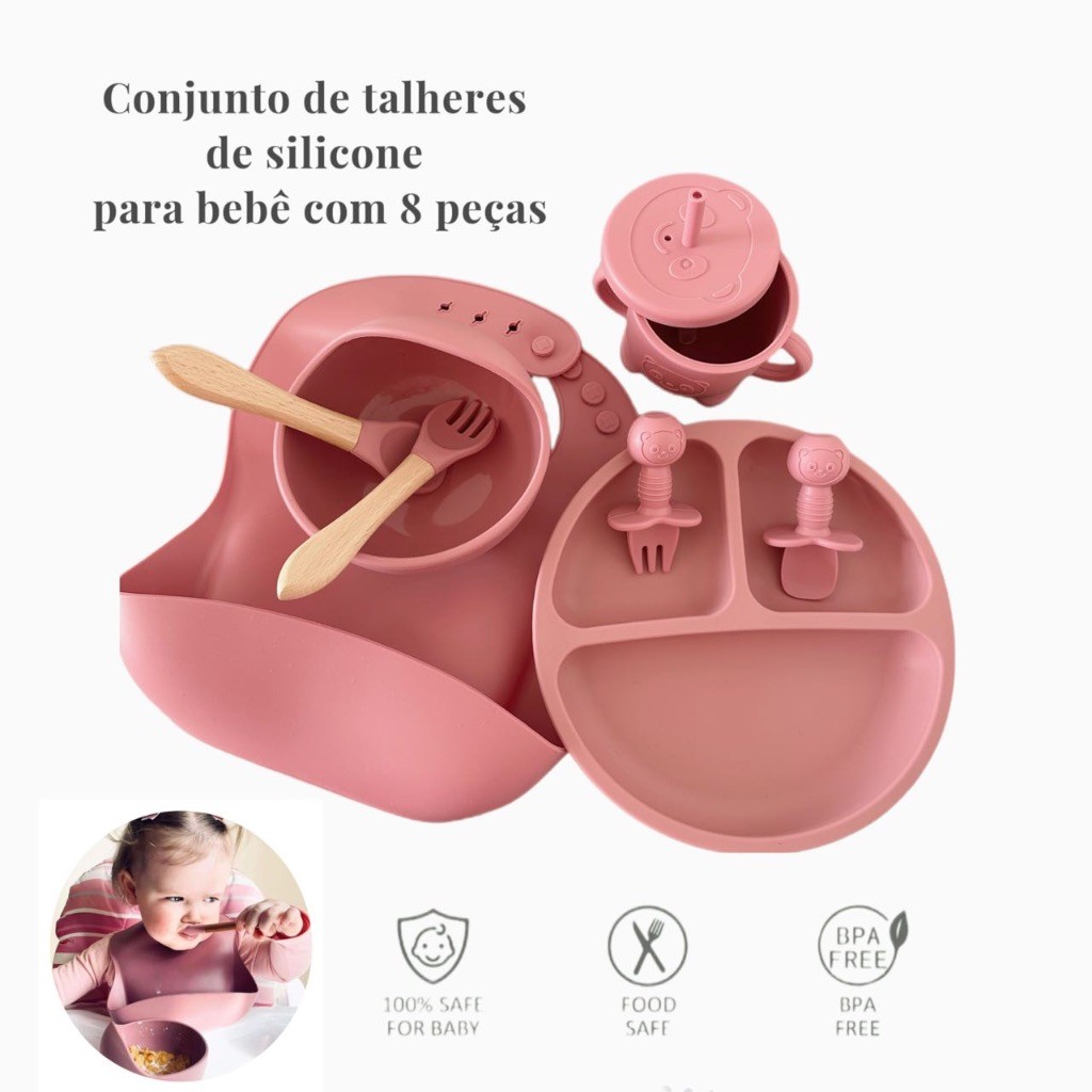 Kit Refeição Silicone Bebê Sem BPA, Tigela, Colher, Garfo com Ventosa, Louça Infantil Refeição