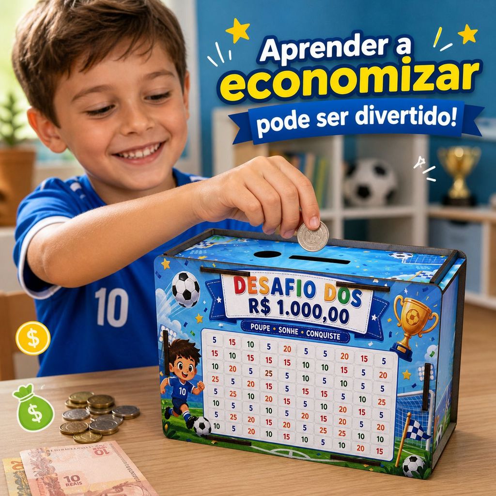 Cofrinho Desafio 1000 Reais Futebol Infantil Menino Cofre MDF