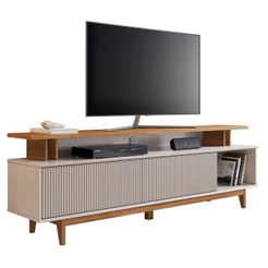 Rack Bancada 1385 Para Sala TV até 70 Polegadas 2 portas Ripadas Off White Com Freijo - Notavel