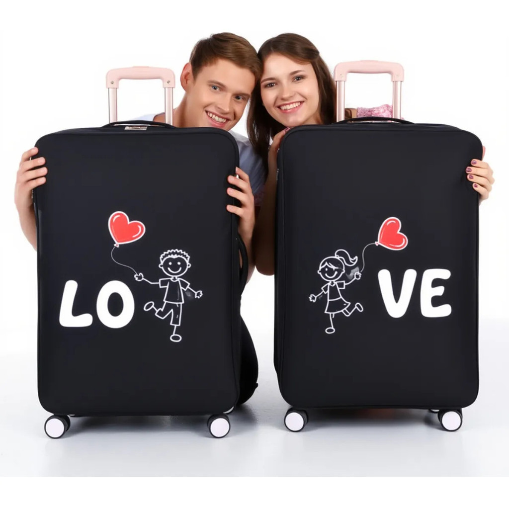 Kit 2 Capa Protetora Mala Casal Love Preto Premium Elástica Lavável Resistente Para Viagens Aeroporto Travel