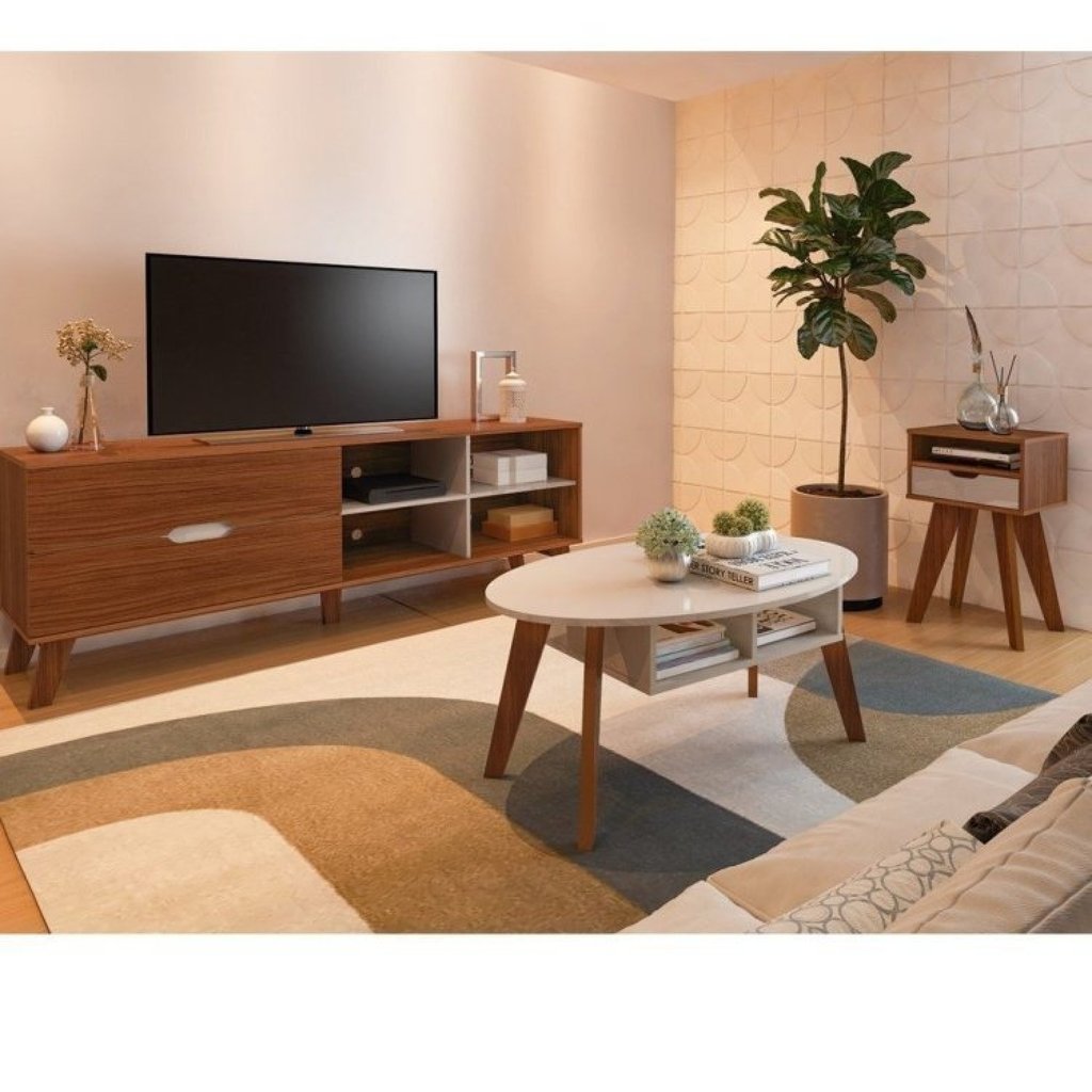 Conjunto Sala Estar Rack para Tv até 60 Polegadas com de Centro Diva e Mesa Lateral Vip Marrom Cedro/Off White