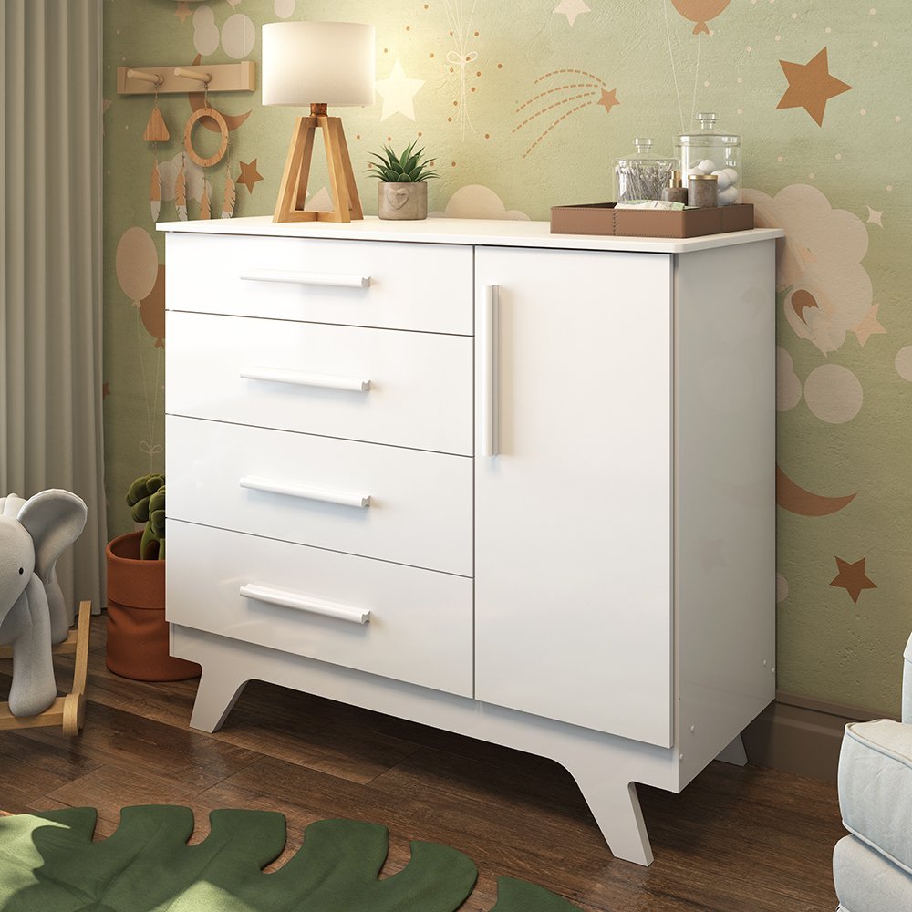 Cômoda Infantil 1 Porta 4 Gavetas 119cm 100% MDF Kakau Retrô Yescasa Branco Brilho