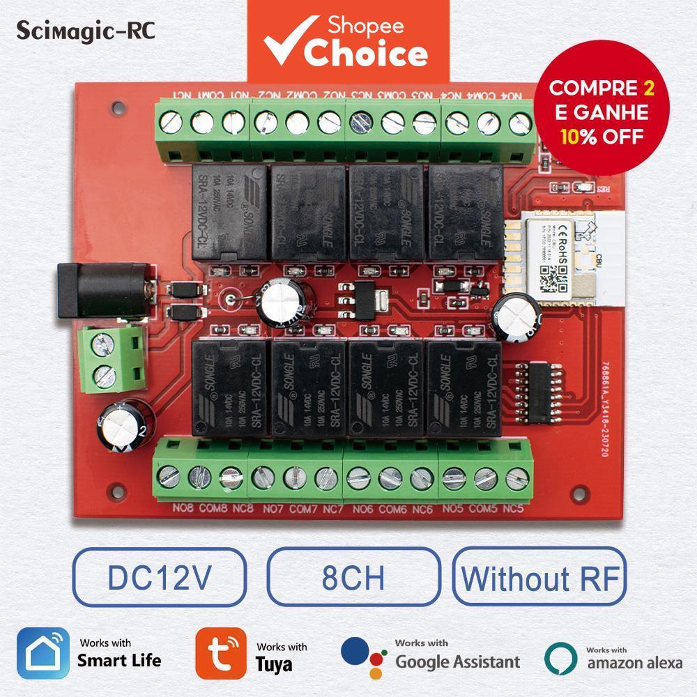 Módulo de Interruptor Inteligente Tuya 8CH Wifi DC 12V Controle Remoto APP 8 Canais Relé Auto-Travante Funciona com