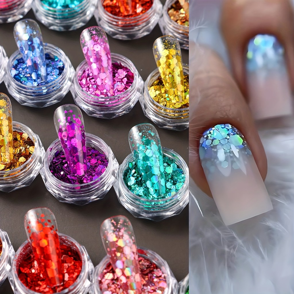 Kit 4/8/12 Potes de Glitter Flocado Holográfico para Unhas Nail Art