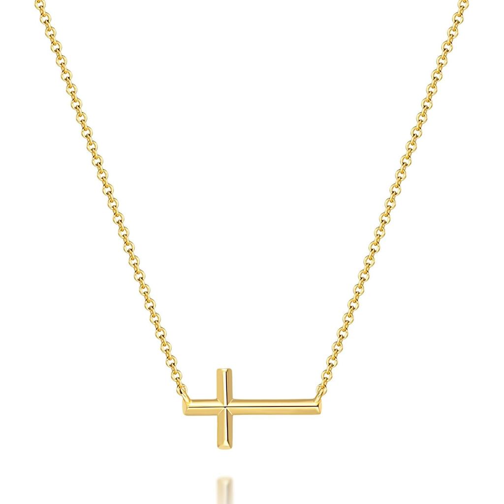Colar de Cruz em Ouro 14K, Colares de Cruz para Mulheres, Colares de Corrente com Cruz para Mulheres, Design Horizontal 