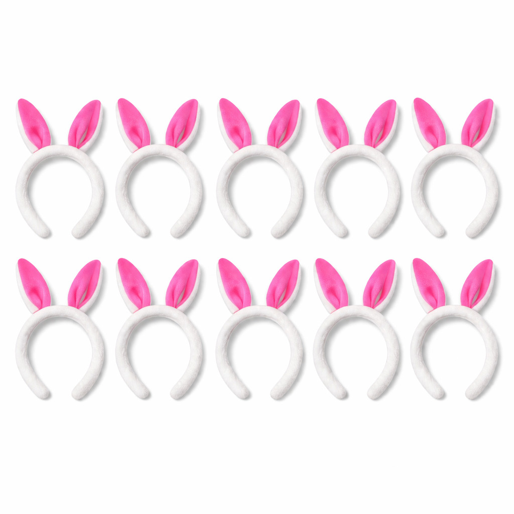 Kit 10 Tiaras de Coelho Páscoa Orelhas Felpudas Branco com Pink Fantasia Festa