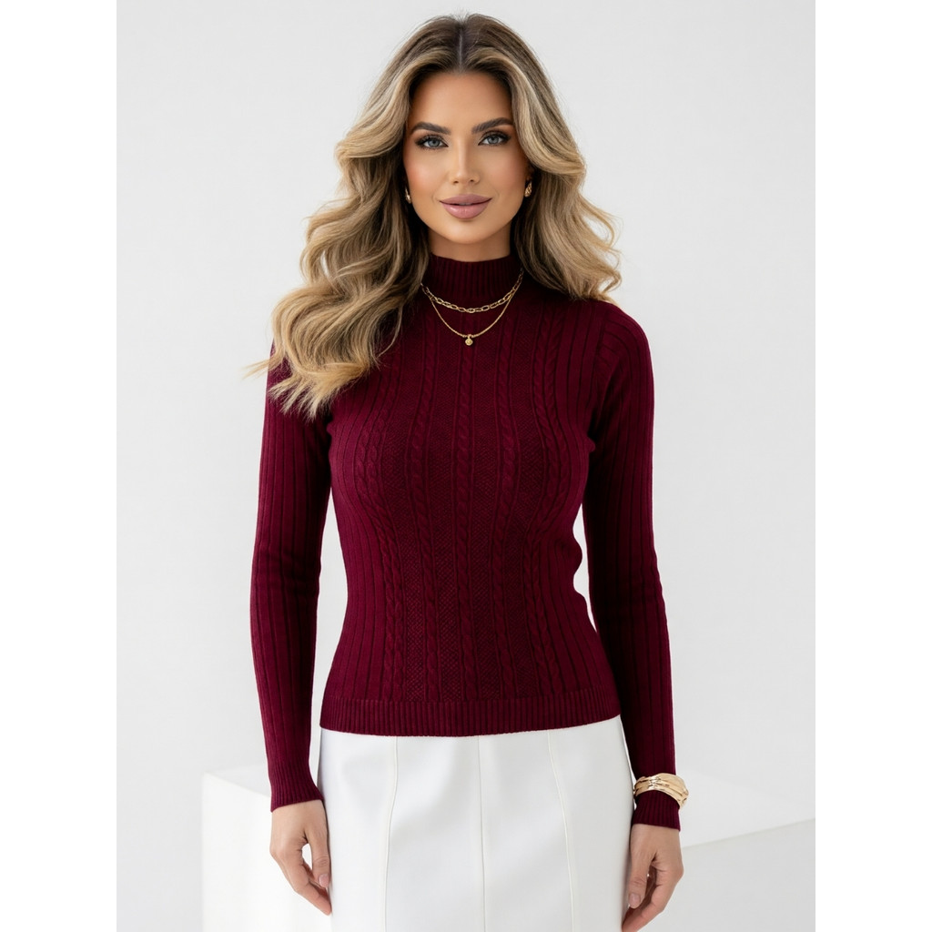 Blusa Feminina Modal Tricot Gola Alta Manga Longa Suéter Feminino Elegante
