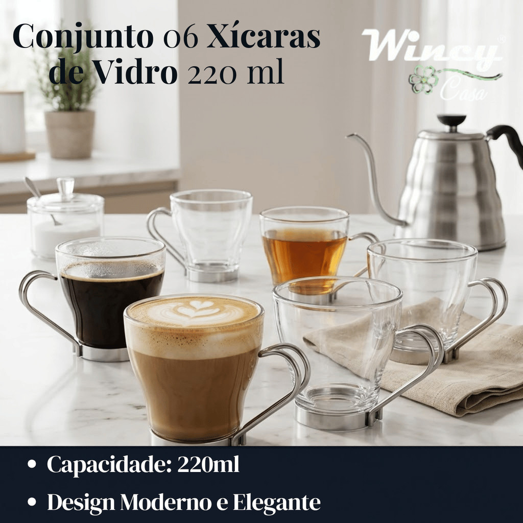 Jogo 6 Xicaras 220ml Vidro Transparente Café  - Wincy Casa / Copos Bebidas Servir  Kit Jogo Luxo