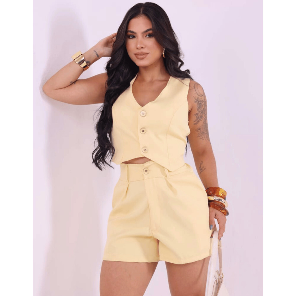 Conjunto Alfaiataria Feminino Colete e Short Cintura Alta Social Executivo Confortável Envio 24h