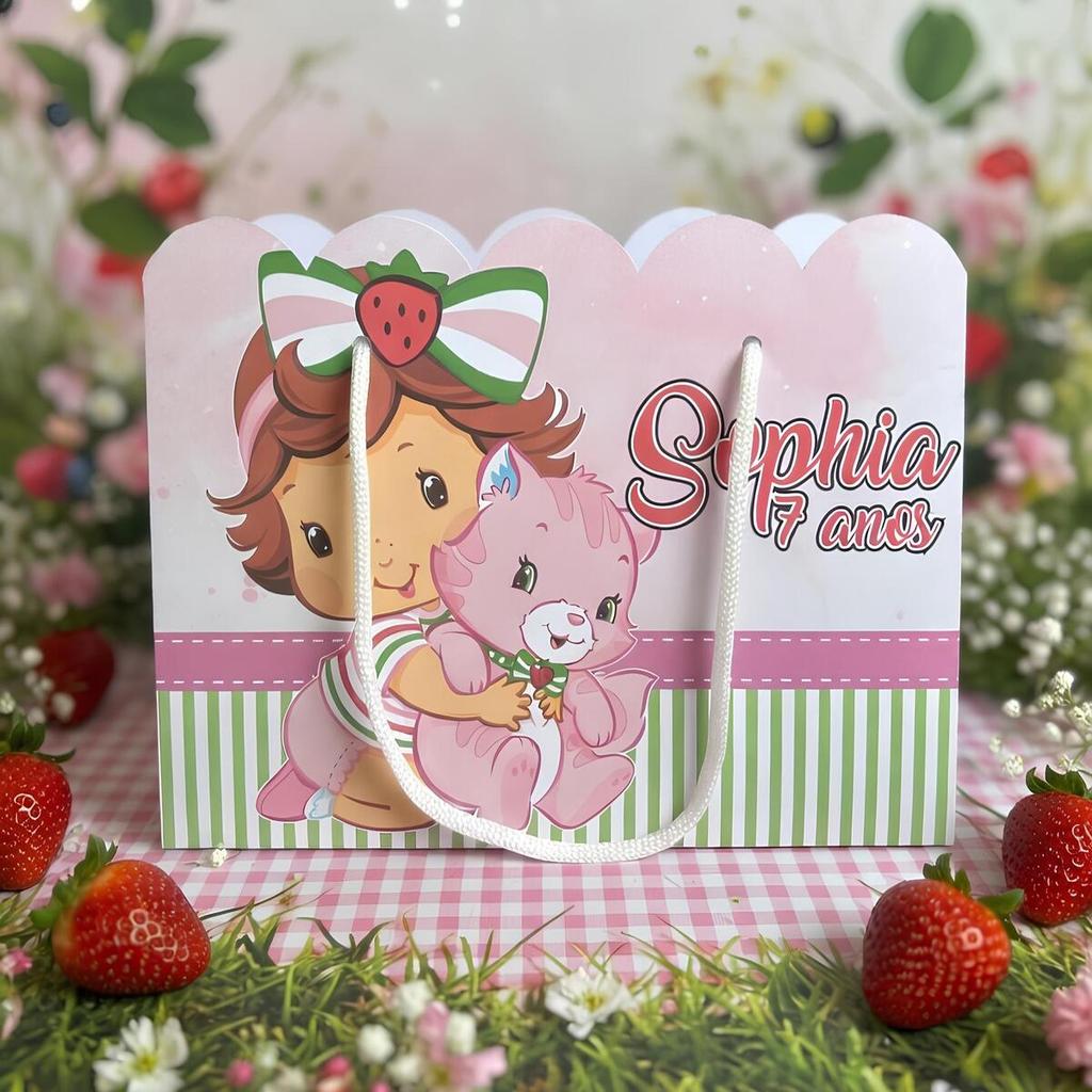 Kit Sacolinha Sacola Papelaria Personalizada Moranguinho Baby Sacolinha de Lembrancinha Caixinha para Festa