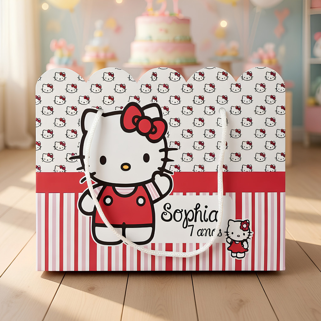 Kit Sacolinha Sacola Papelaria Personalizada Hello Kitty Sacolinha de Lembrancinha Caixinha para Festa