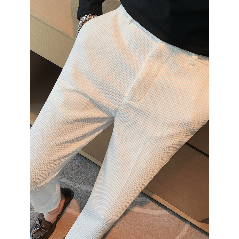 Cintura elástica calças Waffle homens negócios Casual magro-ajuste calças primavera outono na moda calças magras Drape t
