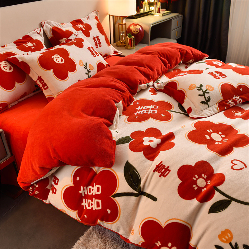 Conjunto de quatro peças de lã de leite para casamento, lã Coral, inverno, grande, vermelho, dupla face, conjunto de lã,