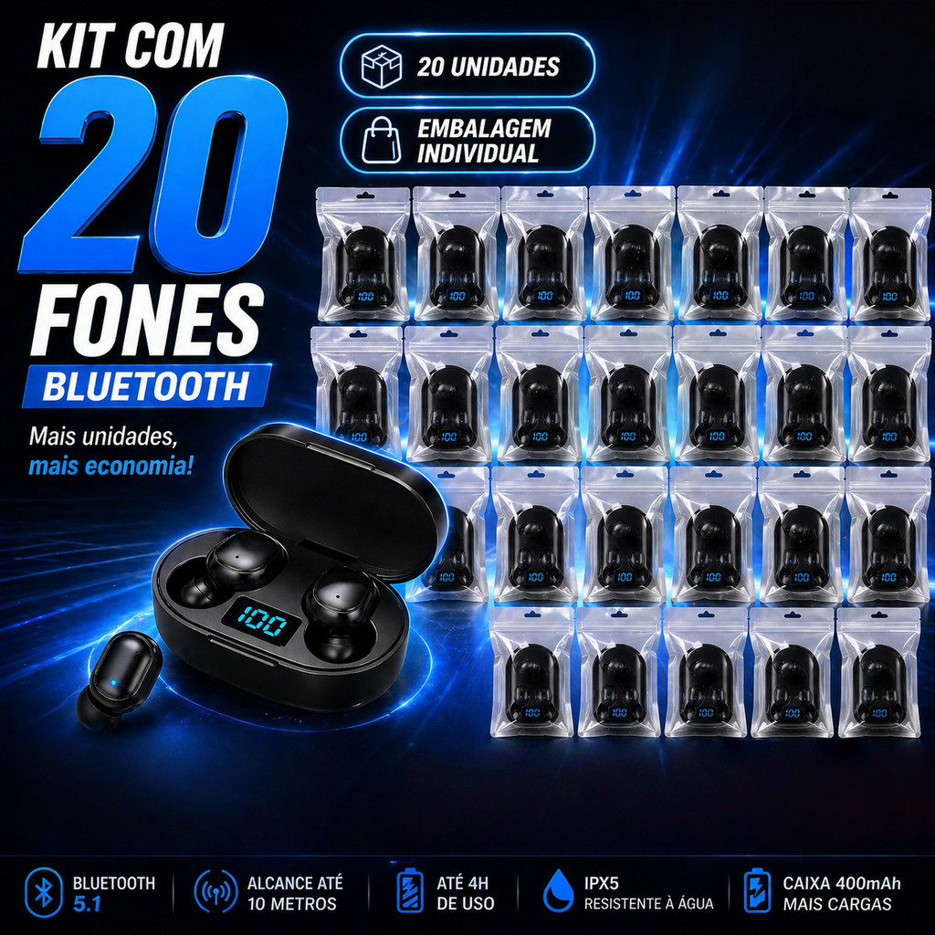 Kit 20 Fones Bluetooth 5.1 Sem Fio TWS com Caixa Carregadora