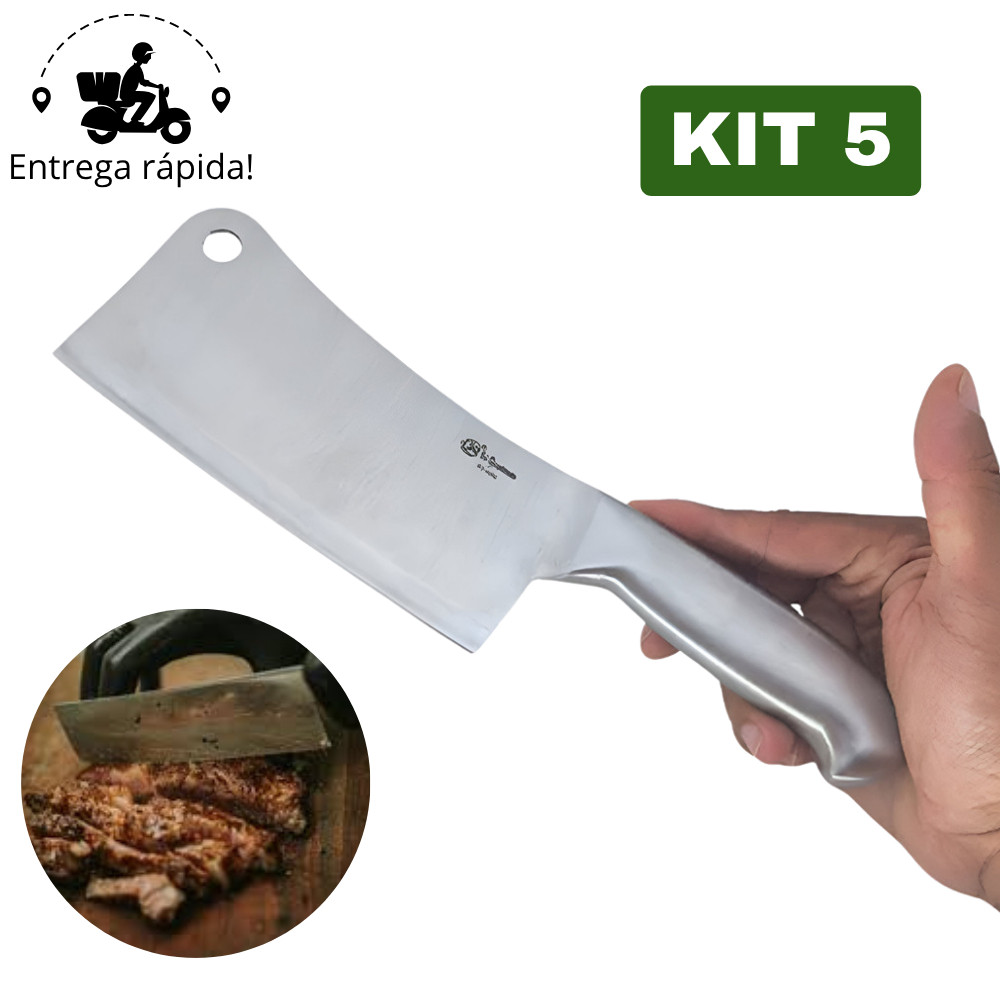 Kit 5 Cutelo Profissional Machadinha de Aço Inox para Corte de Carne Faca Cozinha Lâmina Ultra Afiada CP