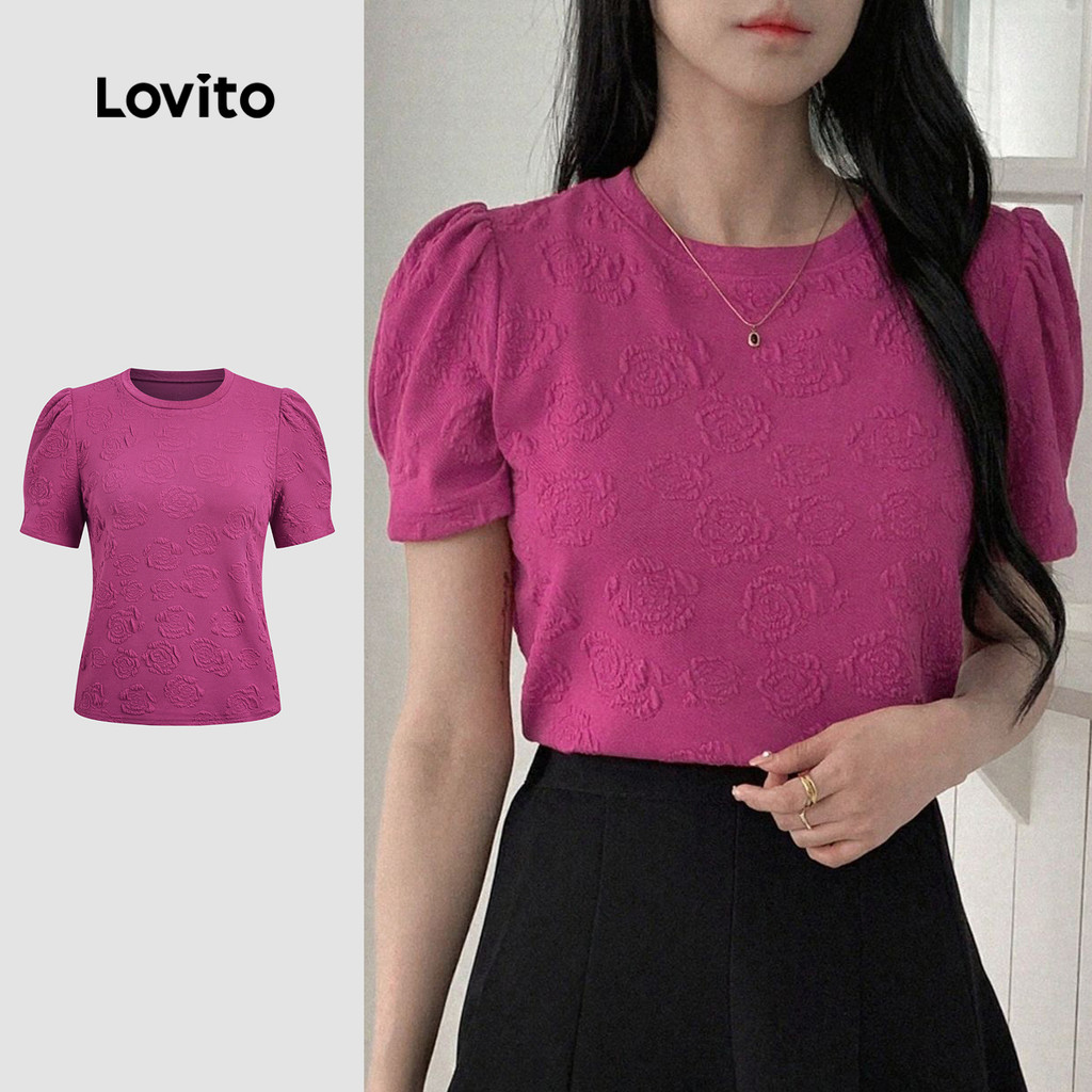 Lovito Casual T-shirt Textura Trajeto Lazer Primavera/verão Camiseta Rosa Vermelha para mulheres LK4AD352