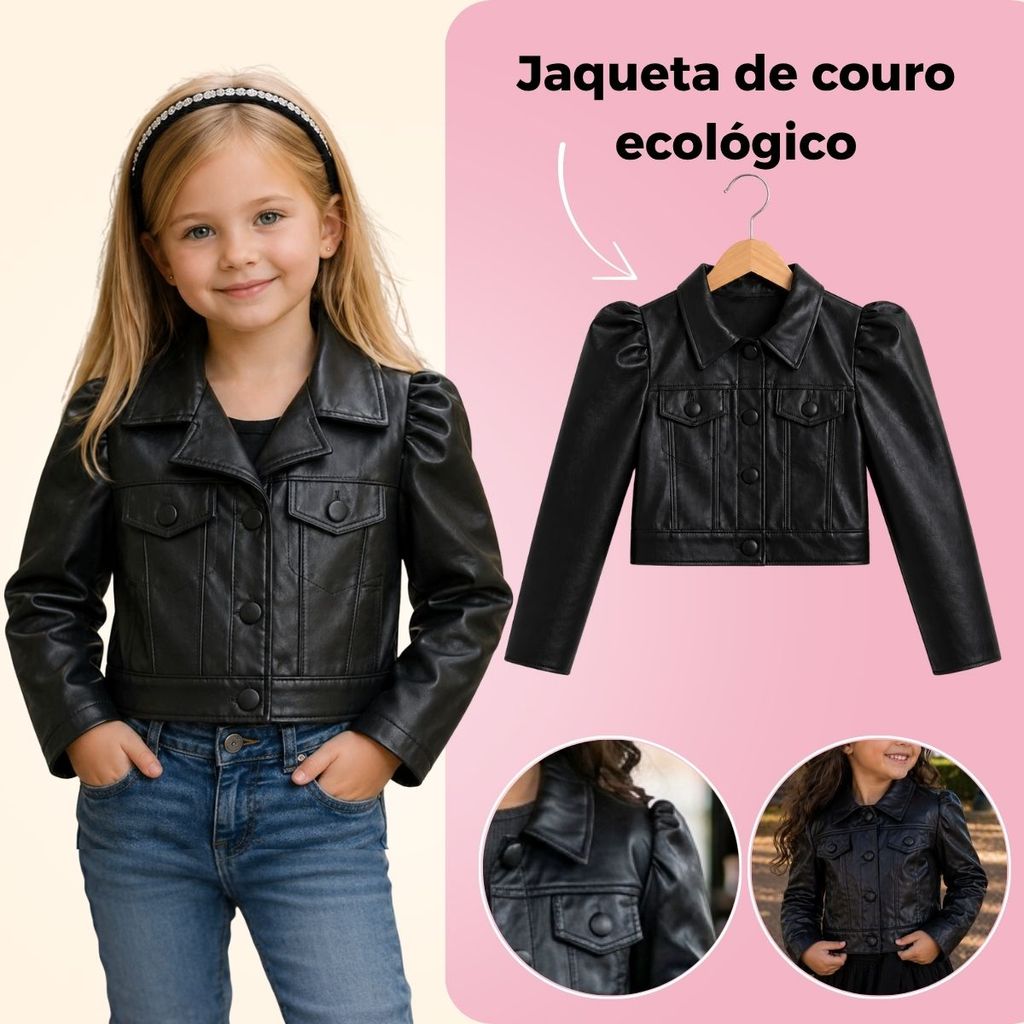 Jaqueta Infantil Feminina Couro ecologico Preta Estilo Blogueirinha Menina 2 a 10 anos