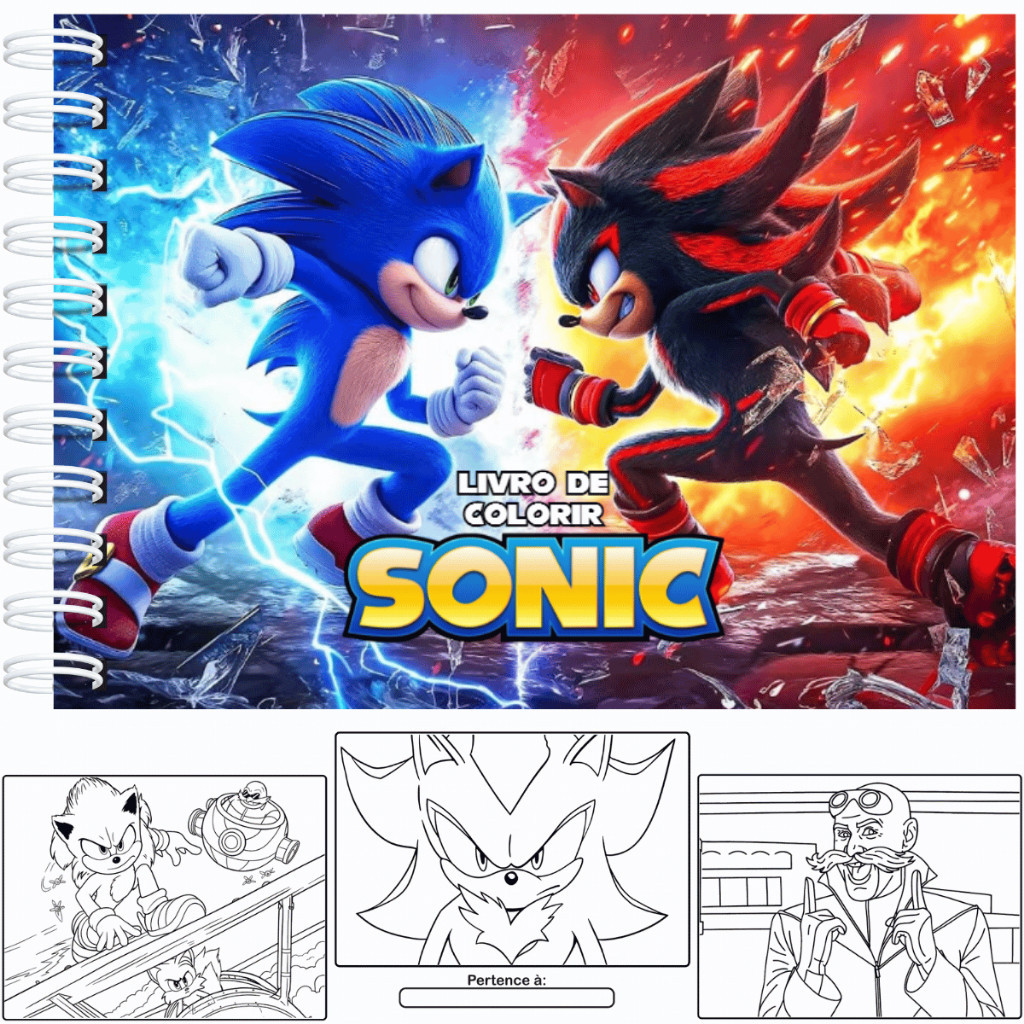 Livro de Colorir Sonic A5 Capa Dura 50 Páginas 180g + Acetato