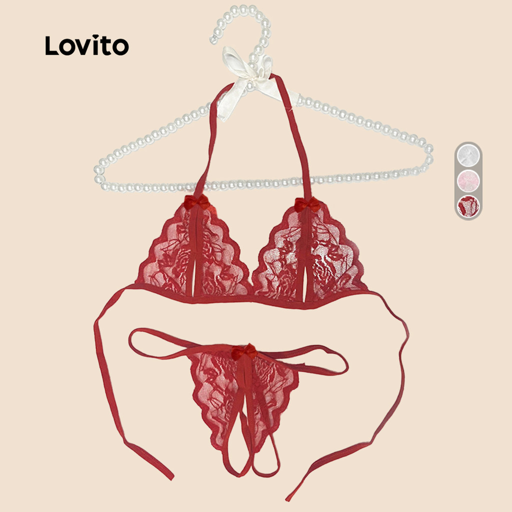 Lovito Conjunto Lingerie 2 Peças Renda Abertura Laço Vermelho Sexy LNE130225