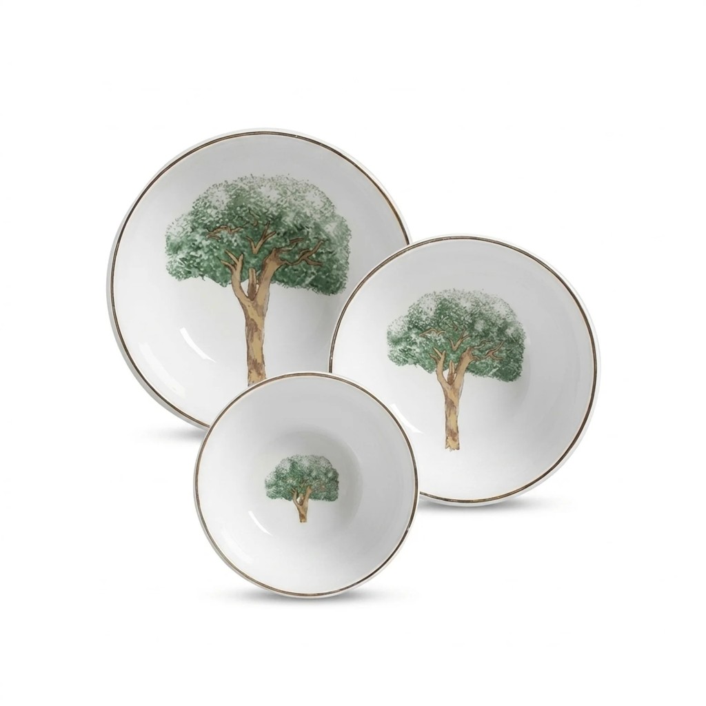 Conjunto 3 Tigelas Prato de Massa Risoto Bowl e Cumbuca Filetada a Ouro Ipê Verde Cerâmica Scalla