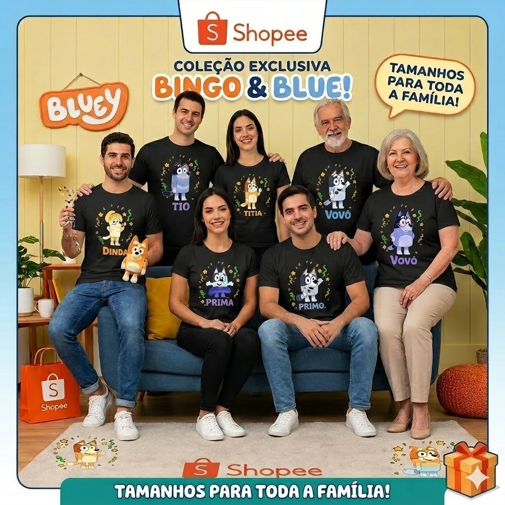 Camiseta Personagem Bluey e Bingo Família - Vovô, Vovó, Tio, Titia, Primo, Prima - 100% Algodão Premium - Unidade