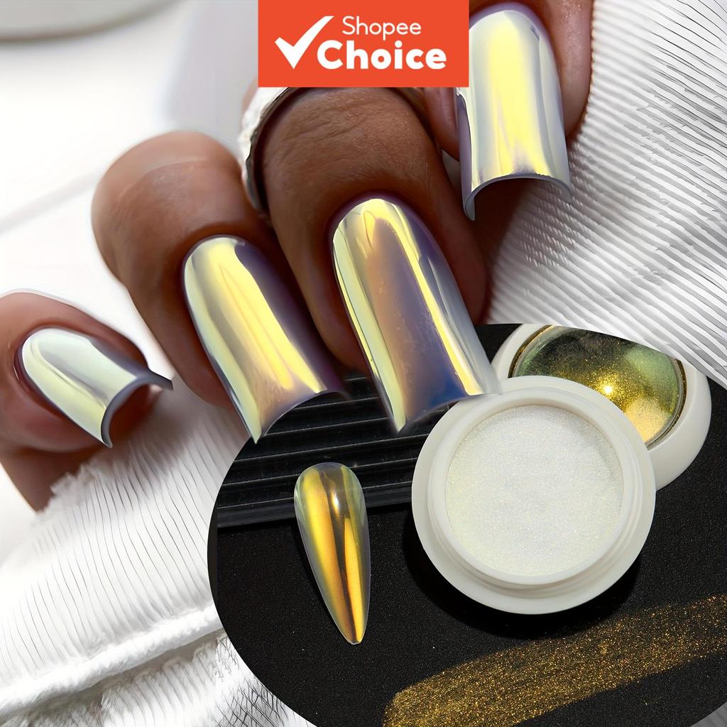Pó de Unhas Azul Unicórnio Aurora Amarelo Cromado com Pincel, Acessório de Arte para Unhas Efeito Sereia Espelhado