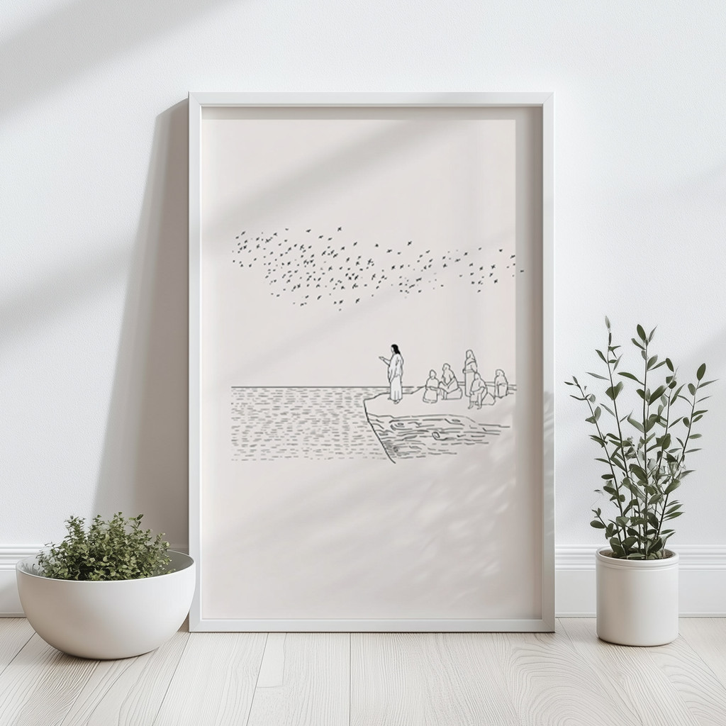 Imagem Quadro Com Moldura Jesus Multidão Mar Arte Cristã Minimalista Fé Espiritual