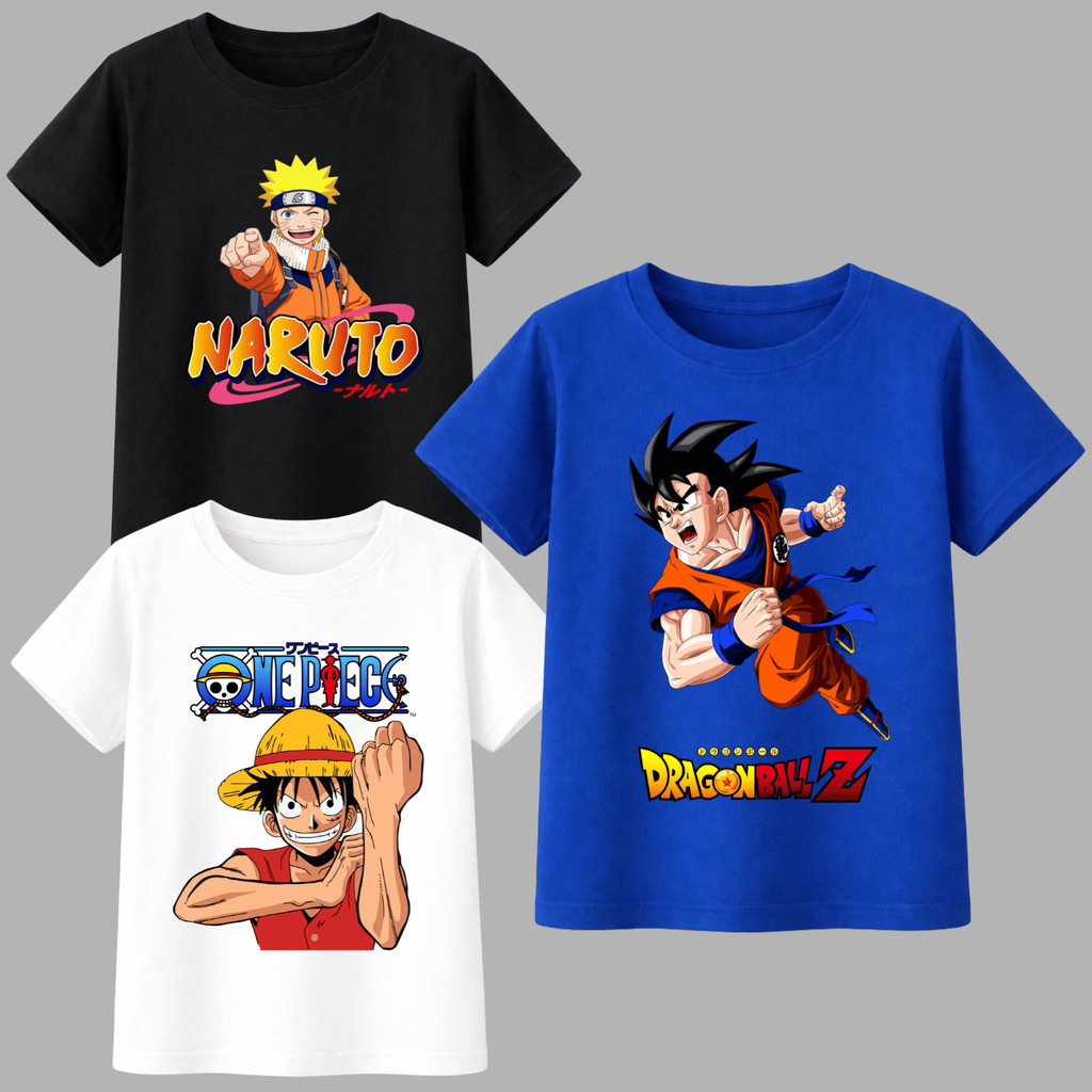 Kit 3 Camisetas Infantil Algodão Naruto Dragon Ball Goku One Piece Luffy Camisa Presente Leve Animes