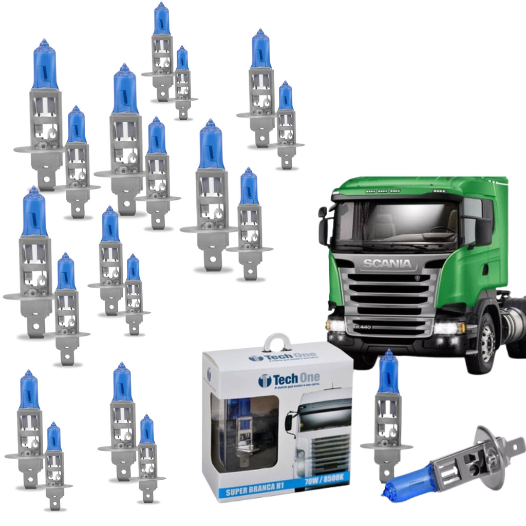 KIT 10 PARES LAMPADA SUPER BRANCA H1 8500K 24V 70W TECHONE