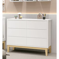 Cômoda Organizadora 6 Gavetas Classic New Para Quarto Infantil Branco Fosco com Natural - Reller