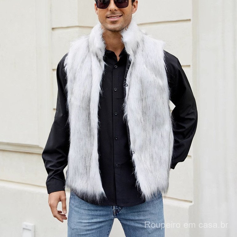 F0726 Colete masculino europeu americano de pele sintética com gola alta, colete de pele de raposa falsa, colete para ma