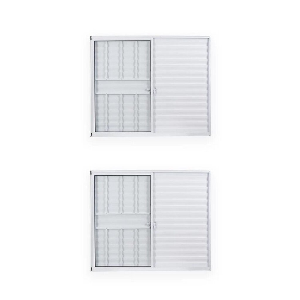 Kit com 2 Janelas de Alumínio Veneziana 100x150cm 3 Folhas 1 Fixa com Grade e Vidro Liso Soft Plus Branco MGM