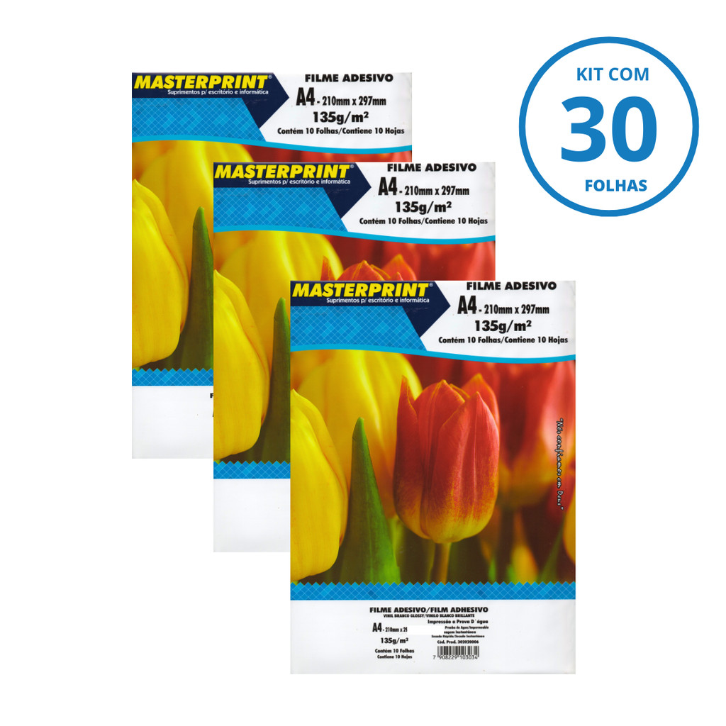 Kit 30 Folhas Filme Adesivo Vinil Branco 135g/m² A4 - MASTERPRINT (3 Pacotes com 10)