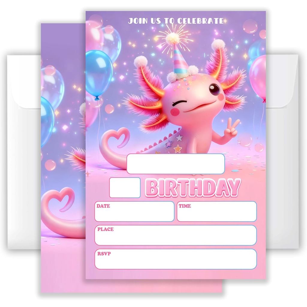 Convites de Aniversário de Axolote Rosa 4x6 (20 Cartões + 20 Envelopes) - Convites Brilhantes para Festa de Aniversário